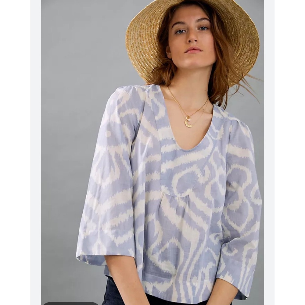 Anthropologie Blue White Ikat Cotton V-Neck Blouse XL Boho 3/4 Sleeve‎ Top